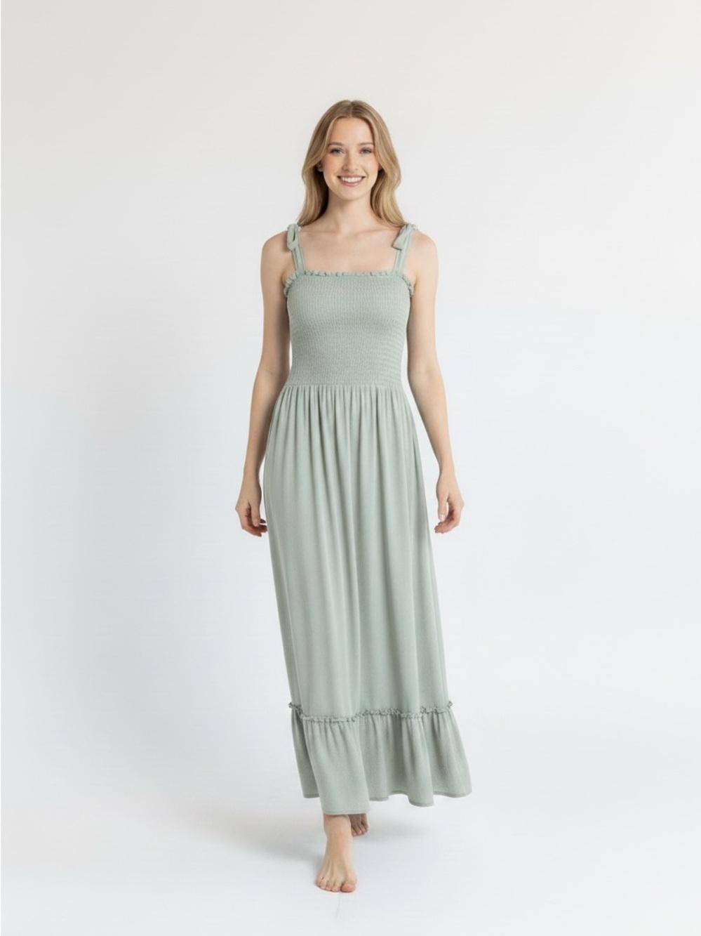 Smocked Tie-Shoulder Maxi Dress in Light Sage Green